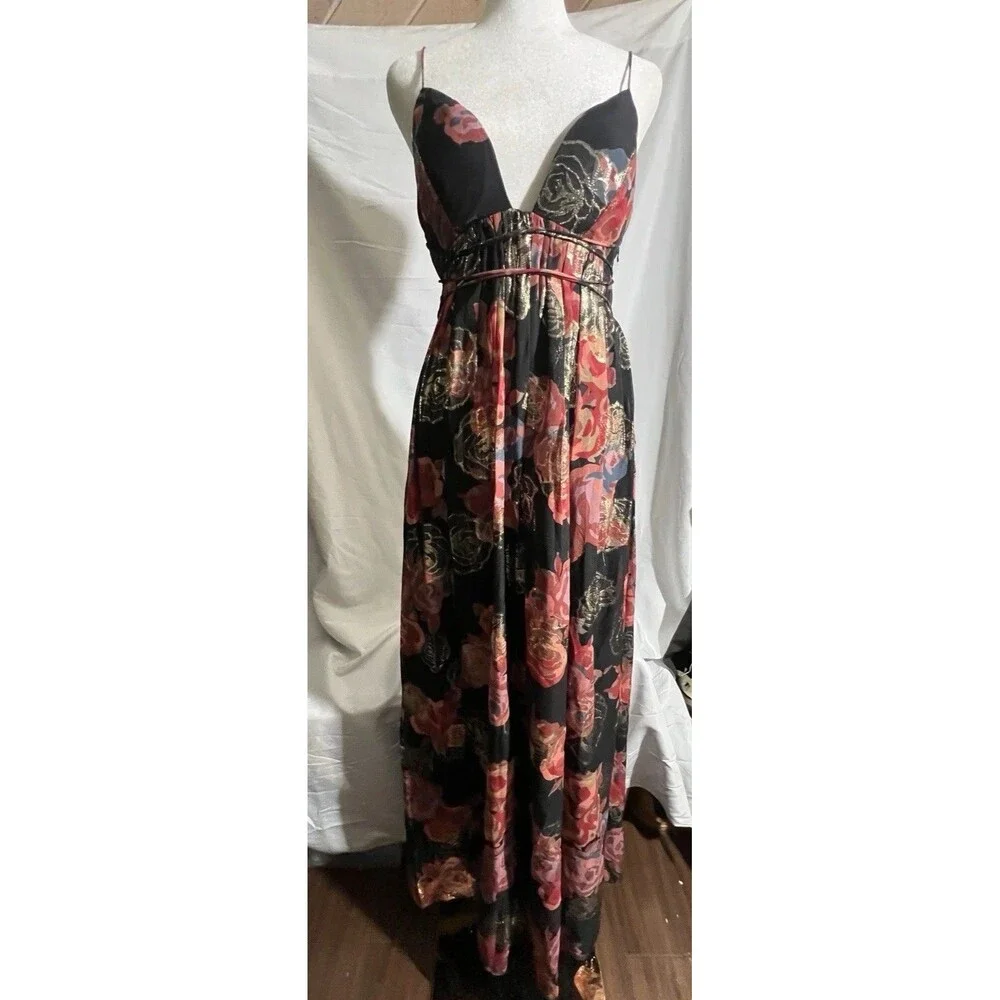 Free People Dress Woman's S Shadows Maxi Black Gold Floral Print Cocktail Zip